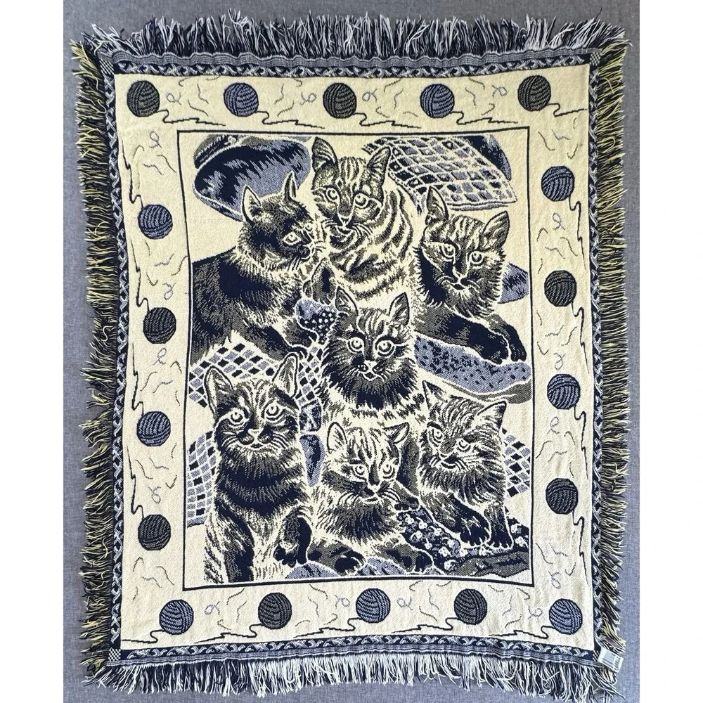 Vintage Woven Cat Kittens Throw Blanket Fringe Navy Cream 43x54 Tapestry Cottage - Picture 3 of 14